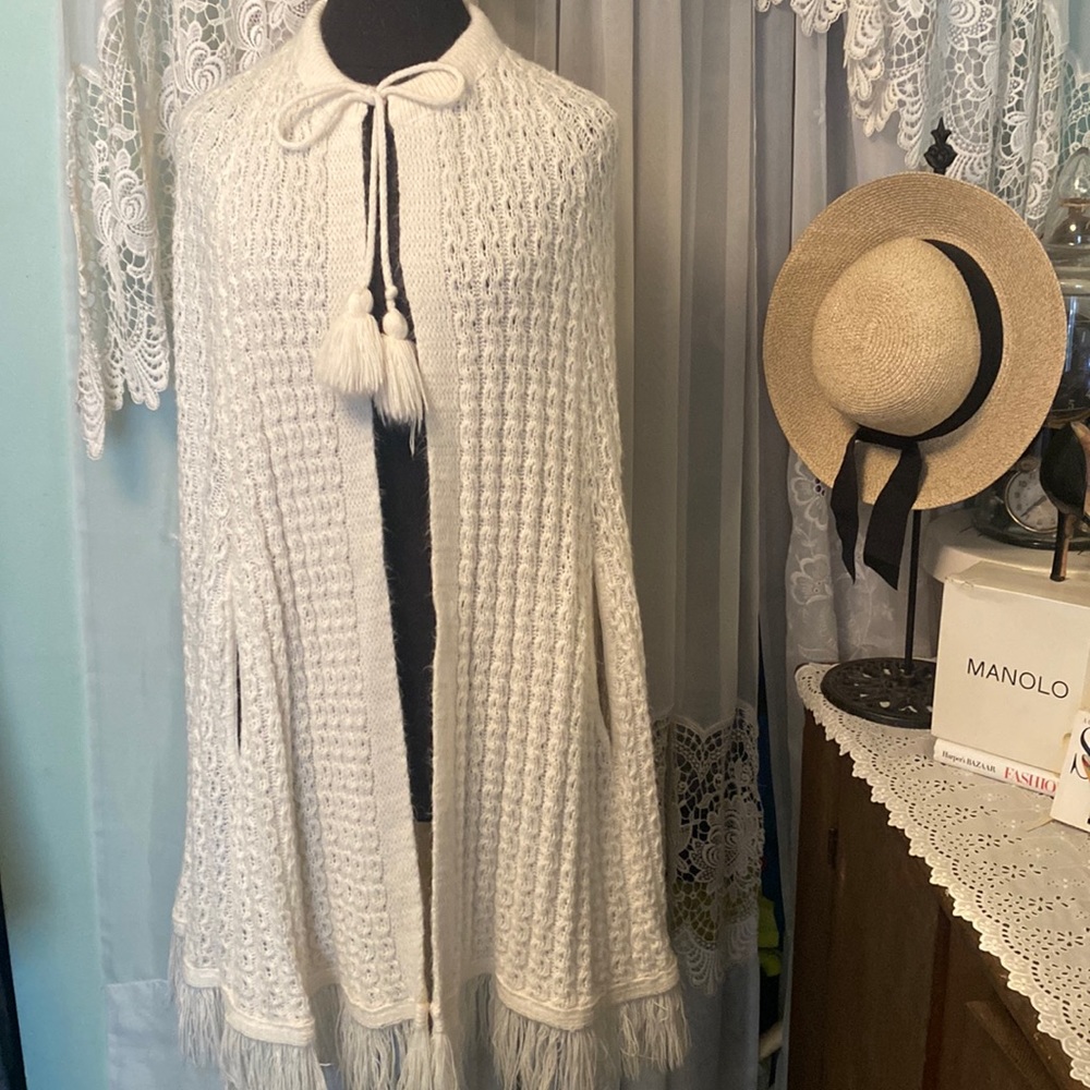 Vintage Acrylic Creamy White Knit Cape Drawstring Neck